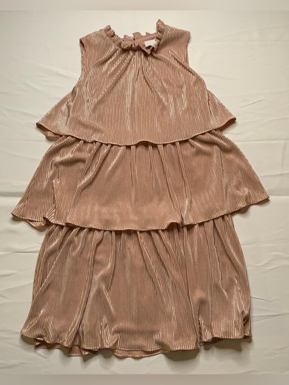 Anthropologie Ro & De Estelle Metallic Tiered Mini Dress S Pink Pleated Ruffle